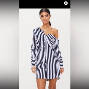 Navy stripped off the shoulder shirt dress